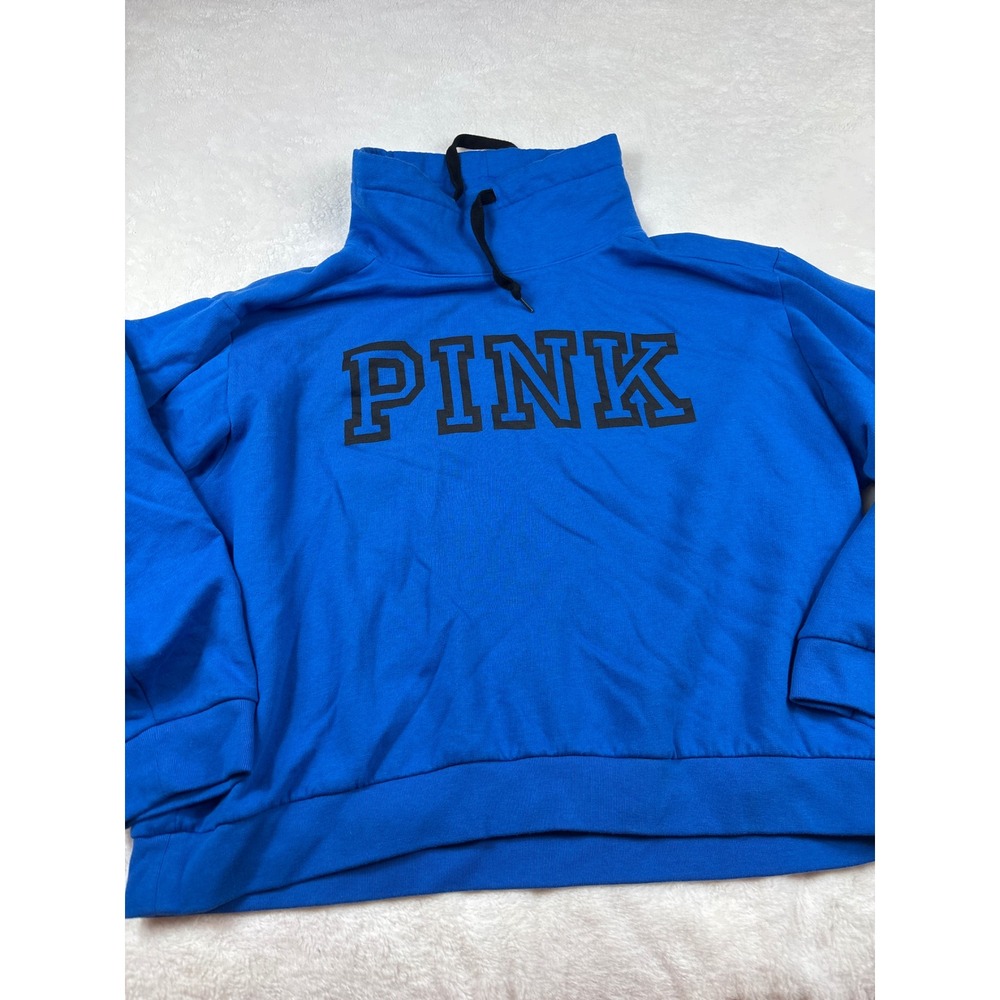 Victoria's Secret PINK Funnel Neck Sweatshirt Blue Logo Pullover XXL Fleece